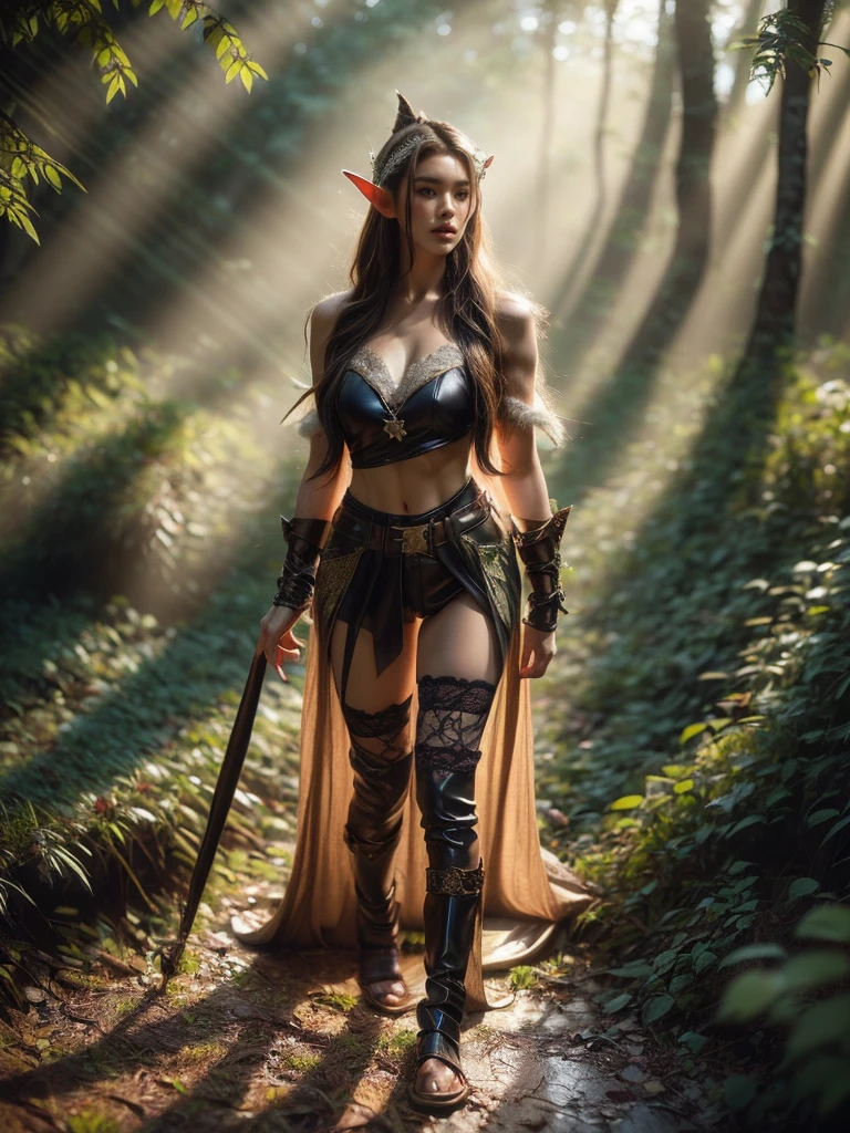 An enchanting aerial shot of a female model dressed as a sensual elf warrior, posing with strength in a mystical forest. Decked in leather and lace, her outfit enhances her athletic frame. The natural ambiance radiates a magical twilight glow. (solo), (elf warrior costume: 1.5), (athletic physique: 1.4), (mystical forest: 1.5), (twilight glow: 1.3), (erotic adventure: 1.4), (fantasy world: 1.5).