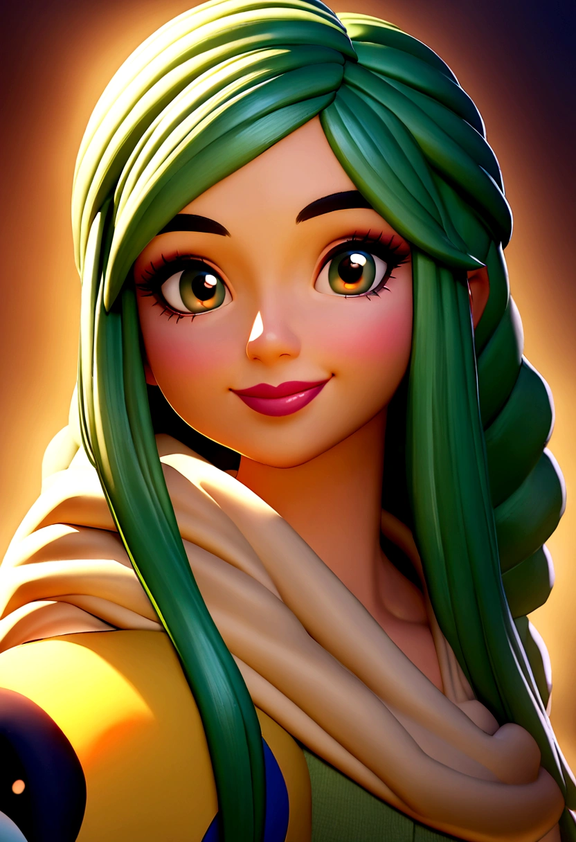 Imagem estilo pixar com personagem 3D mulher morena cabelo pretos com uma, Disney makeup,fisherman, cute, smiling ,close up, pixar, Disney, cinema lighting,