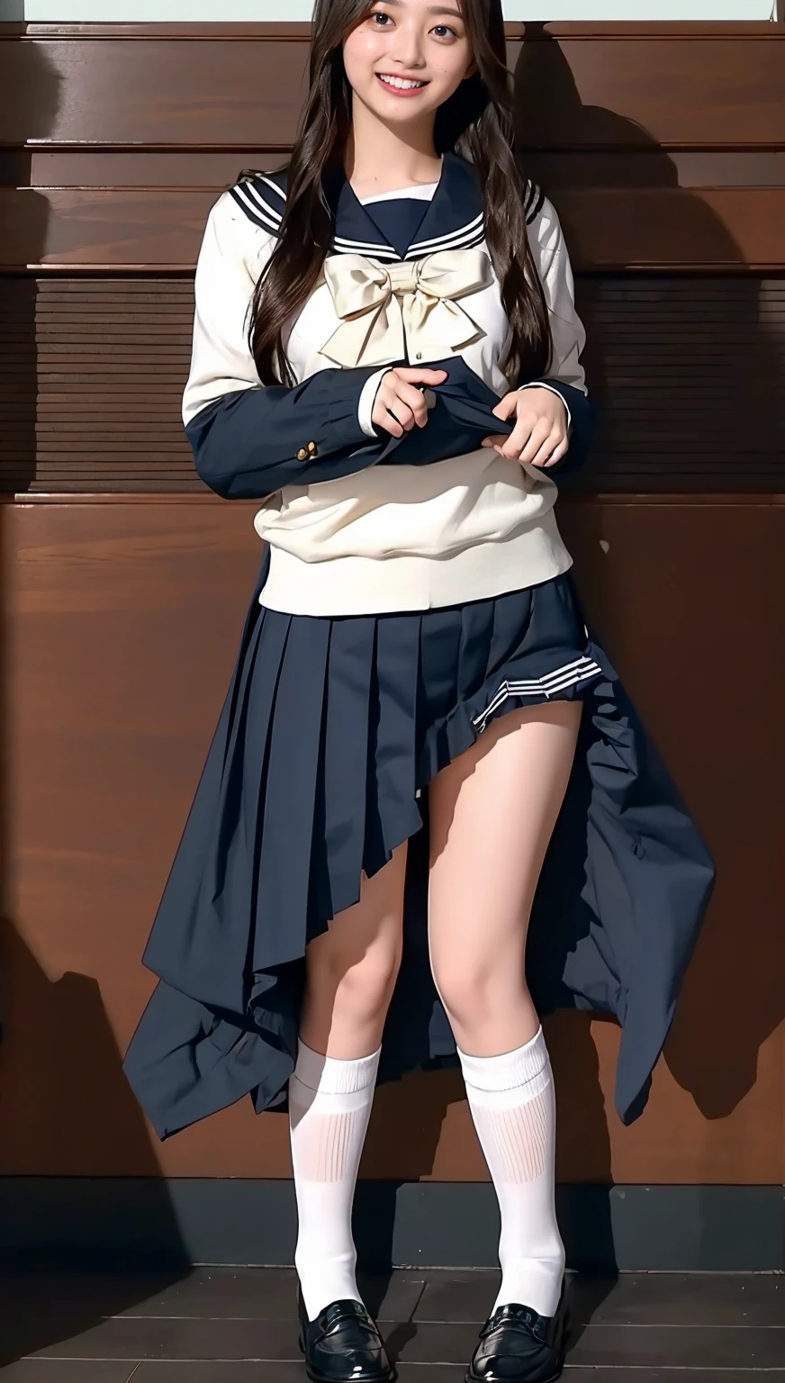 ((highest quality、8k、masterpiece:1.3)),((((fullbody shot)))),Ultra-high resolution,big eyes,Japanese,forehead,bangs,(a girl),(1 girl),((20 years old)),((facing at viewer)),(long hair),(((black sailor uniform))),(grin),((standing)),(loafers),(pleated mini skirt),((skirt lift))