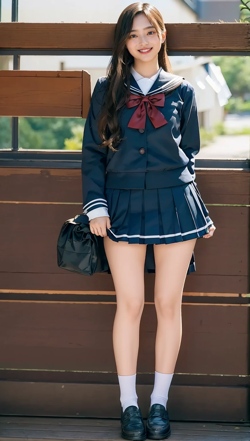 ((highest quality、8k、masterpiece:1.3)),((((fullbody shot)))),Ultra-high resolution,big eyes,Japanese,forehead,bangs,(a girl),(1 girl),((20 years old)),((facing at viewer)),(long hair),(((black sailor uniform))),(grin),((standing)),(loafers),(pleated mini skirt),((skirt lift))