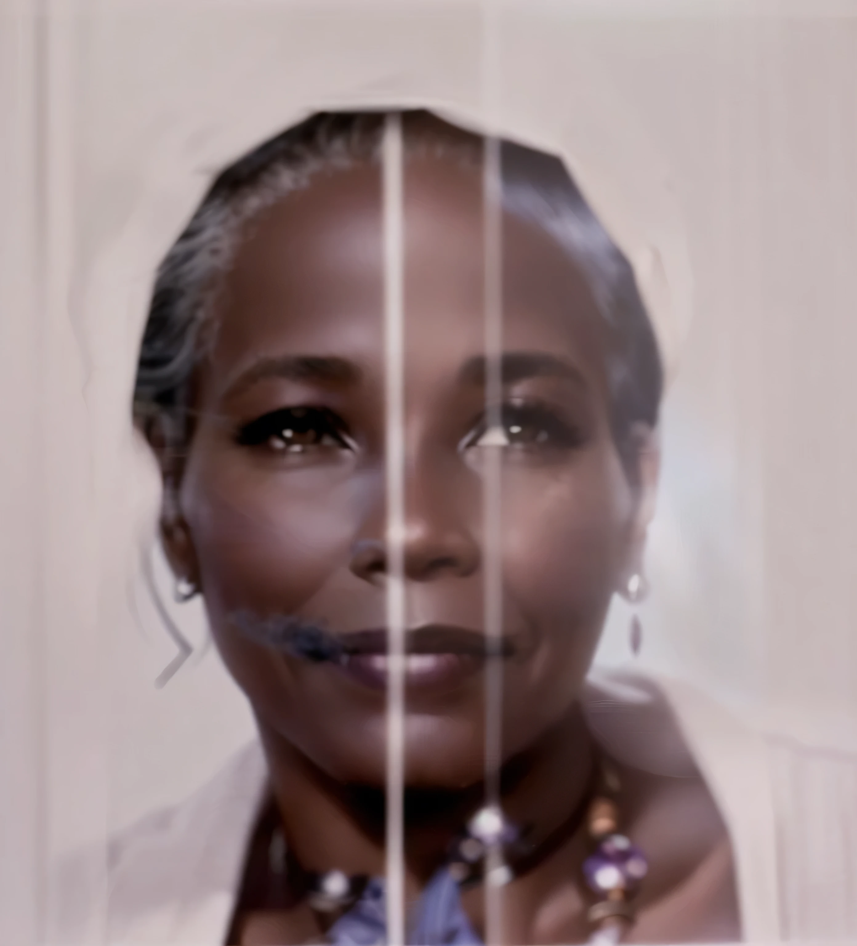 smiling woman with earrings and blue shirt sitting in front of a window, photo of a black woman, smiling woman, close-up portrait film still, Foto de uma mulher, malika favre, laura zalenga, older woman, beautiful appearance, mother of the month, a woman&#39;s face, Dona africana, stunning woman, portrait 6 0 - one year old woman