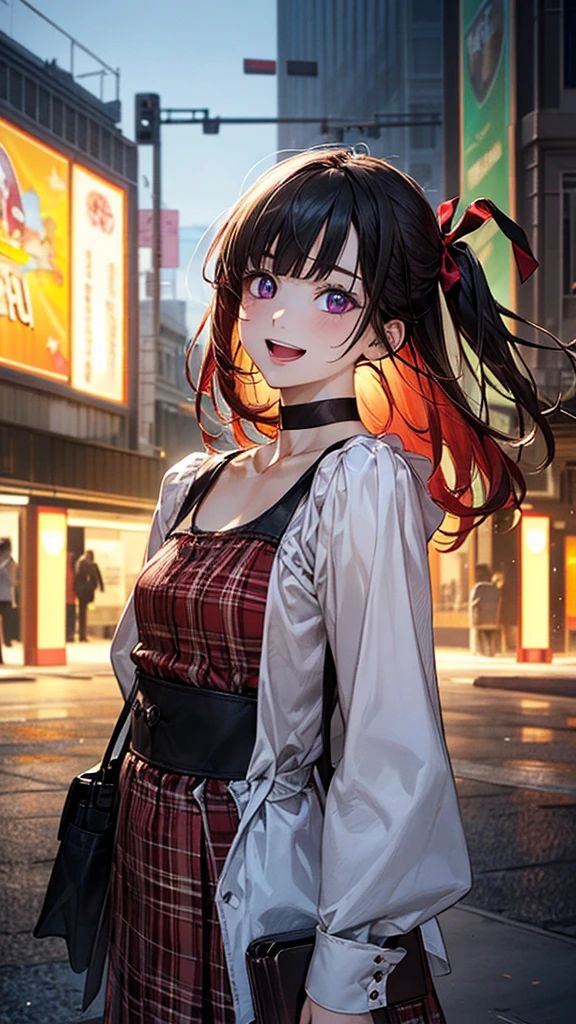 (masterpiece:1.2, top-quality), (realistic, photorealistic:1.4), beautiful illustration, (natural side lighting, movie lighting), depth of fields,
looking at viewer, 1 girl, japanese, high school girl, perfect face, cute and symmetrical face, shiny skin,
(long hair:1.7, (two side up:1.4), black hair), blunt bangs, swept bang, purple eyes, long eye lasher, (medium breasts), slender, light red hair ribbon,
beautiful hair, beautiful face, beautiful detailed eyes, beautiful clavicle, beautiful body, beautiful chest, beautiful thigh, beautiful legs, beautiful fingers,
((long sleeves white puff sleeve blouse, dark red headband, dark red tartan check v-neck one-piece, black choker)), black hand bag,
(beautiful scenery), evening, (outside movie theater), walking, (lovely smile, upper eyes, open mouth small),