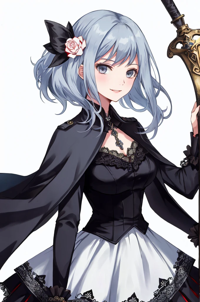  ((best quality)), ((masterpiece)), (detailed), 1girl, Character design, female, dynamic poses, long blue hair, grey white eyes, very skinny, detailed, best quality, no accesoires around the neck, prominent collarbones, skinny arms, upper body, blank white background, plain background, white background, ((red and white clothing)), Bloodborne inspired, occult aesthetic, occult, detailed and intricate steampunk and detailed gothic, Very dramatic and cinematic lighting, cosmic horror, grim-dark, side-lighting, perfect face,  Fluttering lace flared long knee length dress with frilly petticoats, knee length dress, pleated petticoats, petticoats gothic, complex lace boots, side-lighting, gothic aesthetic, wielding a mighty sword with mechanical components, mandalas, small breasts, a fairy, various different types of insect wings,upper body, upper body, white holy clothes,white holy clothes,((evil smile)),blue hair,