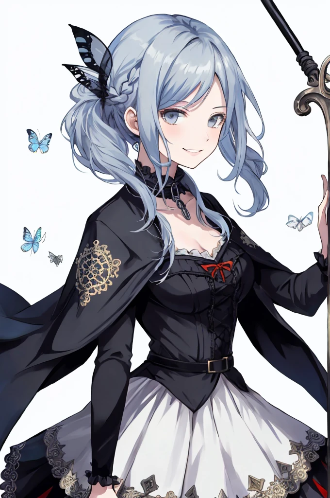 ((best quality)), ((masterpiece)), (detailed), 1girl, Character design, female, dynamic poses, long blue hair, grey white eyes, very skinny, detailed, best quality, no accesoires around the neck, prominent collarbones, skinny arms, upper body, blank white background, plain background, white background, ((red and white clothing)), Bloodborne inspired, occult aesthetic, occult, detailed and intricate steampunk and detailed gothic, Very dramatic and cinematic lighting, cosmic horror, grim-dark, side-lighting, perfect face, Fluttering lace flared long knee length dress with frilly petticoats, knee length dress, pleated petticoats, petticoats gothic, complex lace boots, side-lighting, gothic aesthetic, wielding a mighty sword with mechanical components, mandalas, small breasts, a fairy, various different types of insect wings,upper body, upper body, white holy clothes,white holy clothes,((evil smile)),blue hair,