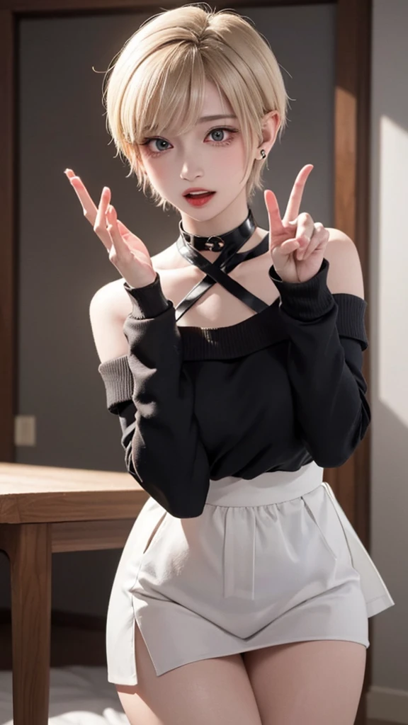 1 Girl、solo、masterpiece,highest quality,High resolution,Very detailed,
accurate to the human body、Correct five-finger、Perfect human body、Detailed people、Highly detailed face and skin texture、Natural neck length、(Beautiful Hands)、Beautiful, long and slender legs、Correct two legs、Correct two arms、
Perfect human body、Accurate human body、A perfect and accurate left hand、A perfect and accurate right hand、Perfect and precise fingers、
skinny,Black Choker,Earrings,Big cleavage、Off-the-shoulder tight sweater dress,
(( Peace sign with both hands)), (Blowjob Gestures:1.5), (((Open your mouth))), Heavy breathing , (aheghentai face),
Blonde pixie short hair、
Accurate 5-finger、Accurate human body、The perfect human body、((Captivating smile ))、
Boyfriend room、A Guys room、A light-off room at night、indoor、High School Boy's Room、Detailed Background、playroom、Like a film