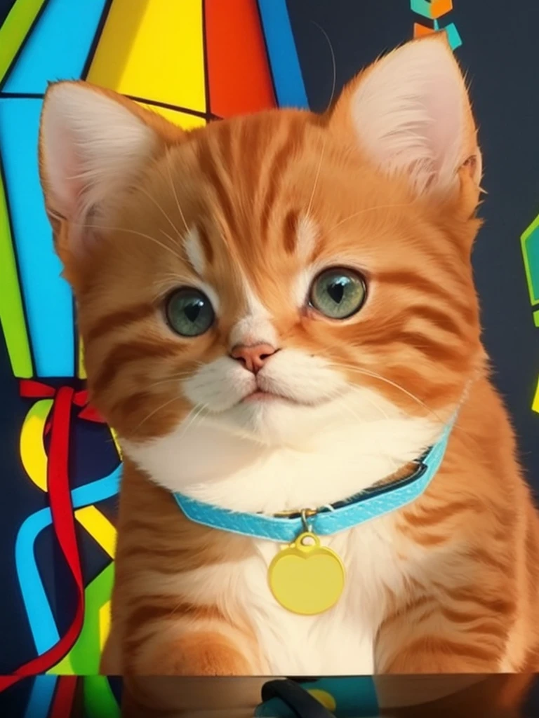 A furry orange kitten with a blue collar around its neck.