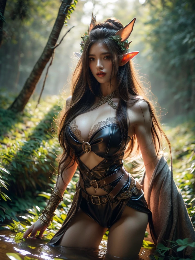 A mesmerizing portrait shot of a lady, costumed as a provocative elf warrior, confidently smirking in an enchanted woodland. The leather and lace attire emphasises her athletic build, bathed in the otherworldly twilight luminescence. (solo), (elf warrior costume: 1.5), (athletic physique: 1.4), (mystical forest: 1.5), (twilight glow: 1.3), (erotic adventure: 1.4), (fantasy world: 1.5).