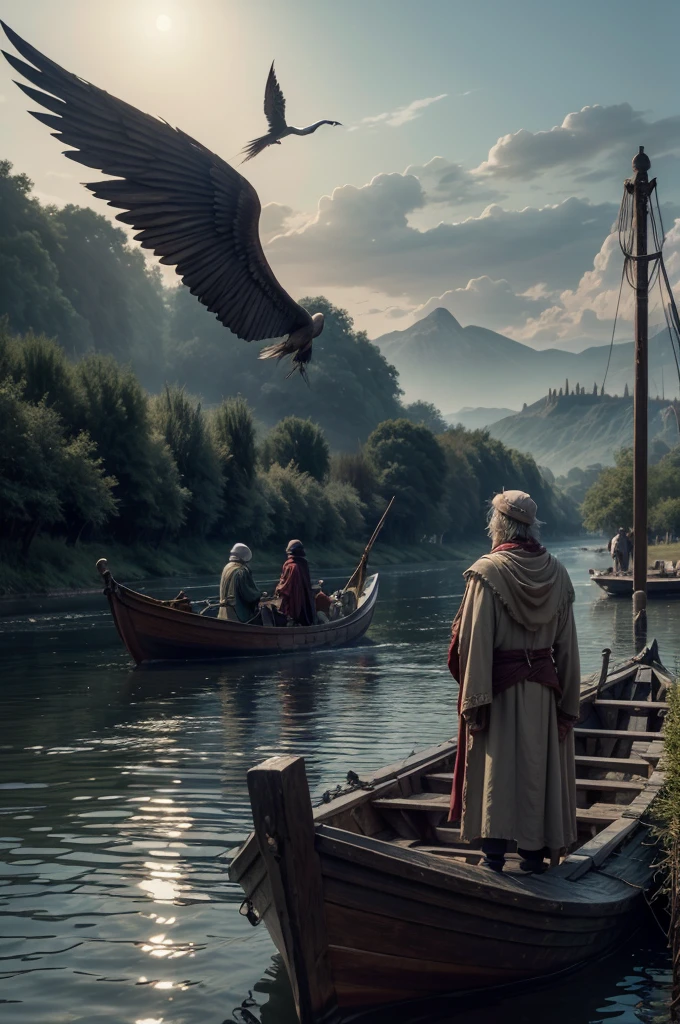 the ferryman Charon with his open wings and beautiful clothing, aboard his boat full of people, who will take them to the other side of the river, observes two men on the bank of the river, to Dante alighyeri ya Virgilio