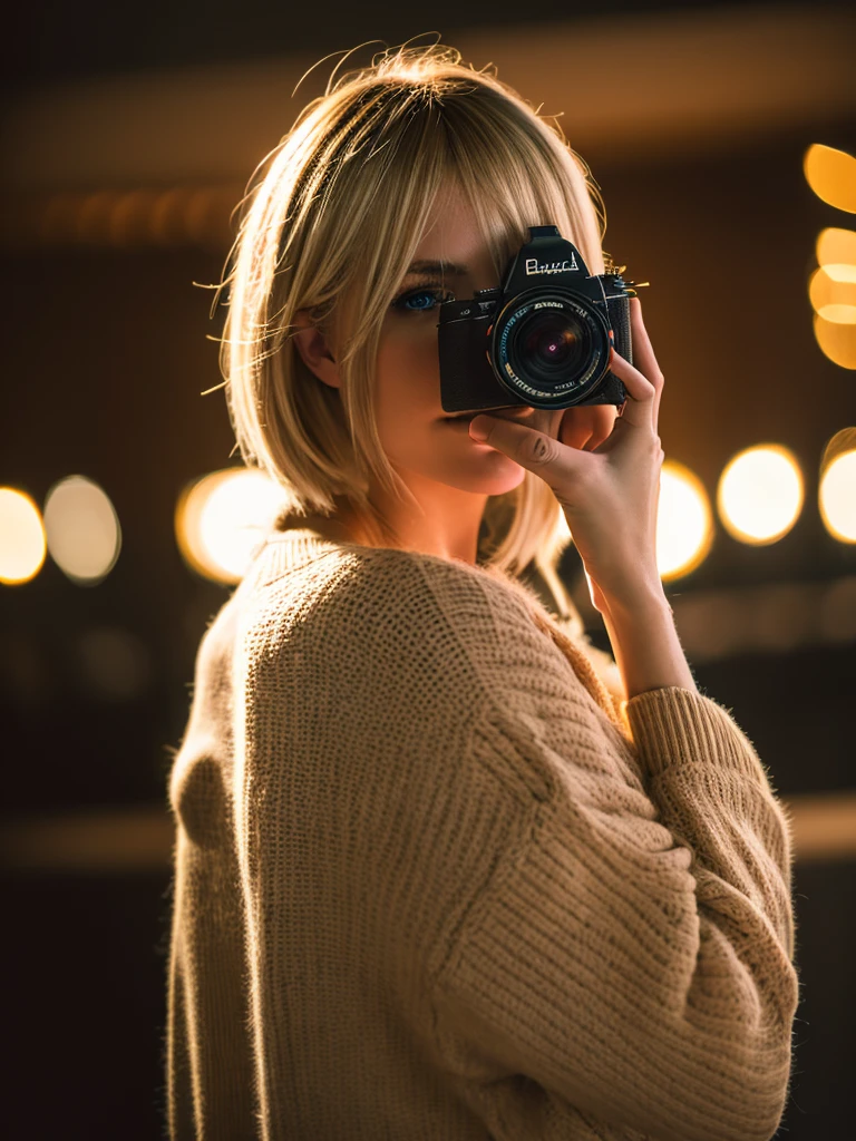 a man with blonde hair holding a camera,8k,high quality,highly detailed,realistic,photorealistic,beautiful woman with brown hair from behind,studio lighting,professional photography,warm color tones,cinematic lighting,depth of field,bokeh background