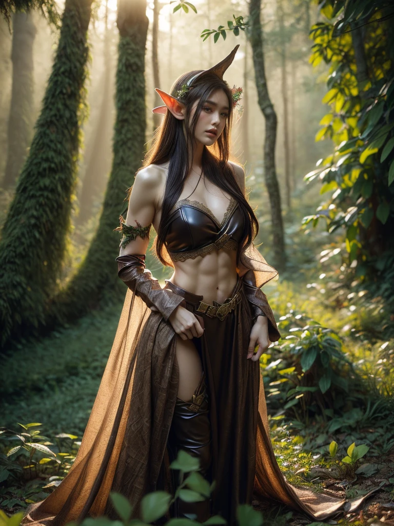 An alluring long-shot photo of a female garbed as a beguiling elf warrior, nonchalantly leaning against a tree in an enigmatic forest. Her leather and lace wardrobes highlight her athletic body, under an ethereal twilight radiance. (solo), (elf warrior costume: 1.5), (athletic physique: 1.4), (mystical forest: 1.5), (twilight glow: 1.3), (erotic adventure: 1.4), (fantasy world: 1.5).