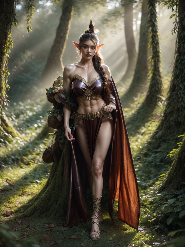 (masterpiece, best quality:1.2), (((oil paint))), 1girl, solo, (masterpiece, ultra quality, high resolution, 8k, intricate: 1.2). female elf, looking at viewer, flowizng cloths and silver amor, the silent forested, mysterious, fantasy art, Donato Giancola, craig mullins, parth, masterful strokes legendary