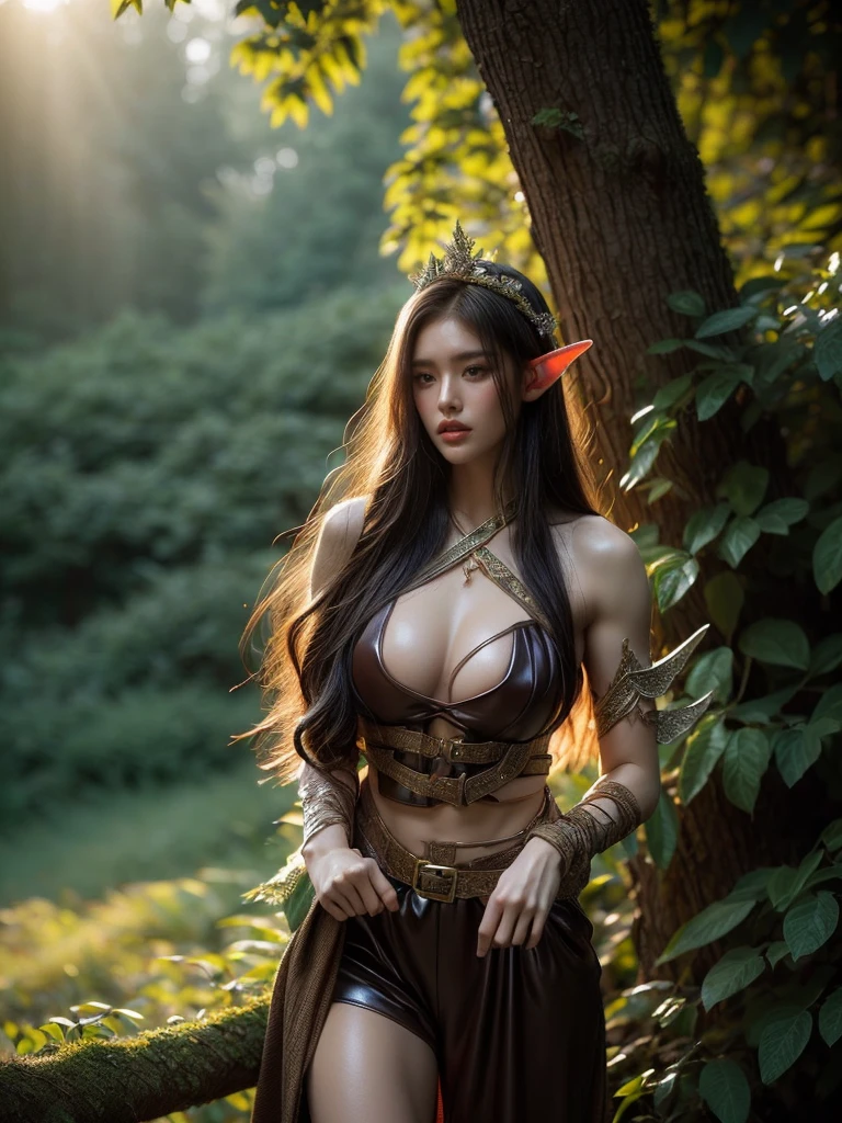 An alluring long-shot photo of a female garbed as a beguiling elf warrior, nonchalantly leaning against a tree in an enigmatic forest. Her leather and lace wardrobes highlight her athletic body, under an ethereal twilight radiance. (solo), (elf warrior costume: 1.5), (athletic physique: 1.4), (mystical forest: 1.5), (twilight glow: 1.3), (erotic adventure: 1.4), (fantasy world: 1.5).