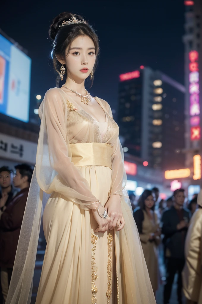 (((best quality))),(((ultra detailed))),(((masterpiece))),illustration,((1 beautiful girl,solo,korean princess)),((see through gorgeous beige sheer hanbok)),((slim,thin)),(gigantic breasts:1.5),(towering chest:1.5),bun hair,((city streets,night scene)),delicate features,(traditional jewelry,earrings,necklace),modernity,tranquility,vision of beauty,((standing,upper body,slender legs,from front,arms behind back)),((The background is a tall building filled with neon billboards)),(surrounded by crowded crowds:1.3)
