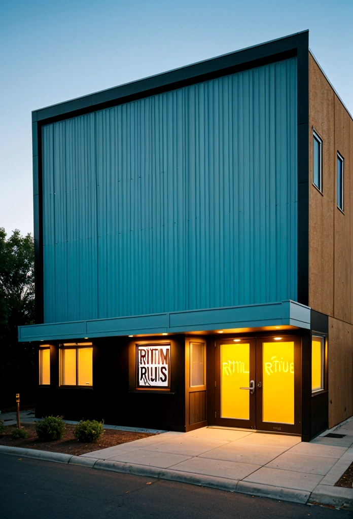 create an outside view of a record studio building called "Rhythm Records"