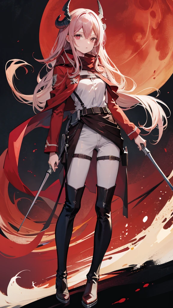 (masutepiece:1.2, Best Quality), [1 girl, expressioness, oversized red coat, beige outside hair, wine red colored inside hair,long hair, 2horns on the head, beige horns, beautiful eyes, brilliant eyes, Red Eyes,wine red colored shirts, beige long cape, black boots, beige mini skirt , blood return, (Holding a Weapon, Holding a trident), red sky, shinny full moon, red moon, looking down, looking at viewer, gradient background,wilderness in background.