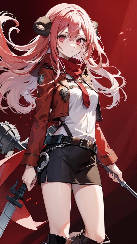 (masutepiece:1.2, Best Quality), [1 girl, expressioness, oversized red coat, beige outside hair, wine red colored inside hair,long hair, 2horns on the head, beige horns, beautiful eyes, brilliant eyes, Red Eyes,wine red colored shirts, beige long cape, black boots, beige mini skirt , blood return, (Holding a Weapon, Holding a trident), red sky, shinny full moon, red moon, looking down, looking at viewer, gradient background,wilderness in background.