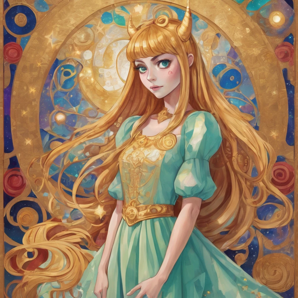 kl1m phse gold background, spirals, circles, squares, intricate patterns, shiny, decadent, woman with long red hair in long golden dress, eyes, blue red white mixed in sporadically, every shade of gold, shimmering, in the style of gustav klimt The painting should capture Star Butterfly in an iconic moment that represents her adventurous spirit, your magical strength and your vibrant personality. The setting should be an environment that reflects the mix of magical realms and interdimensional adventures, characteristic of the series. Star Butterfly: Star must be in the center of the composition, in a dynamic and confident pose. She is dressed in her classic costume: a mint green dress, leggings coloridas, and her iconic unicorn boots. His devil horns on his head and his magic wand in one hand are essential to identify the character.. Expression and posture: Star's expression must be cheerful and determined, with a big smile on your face and eyes shining with enthusiasm. Your stance can be one of action, as if preparing to cast a spell or leading an adventure. Magic wand: Star's magic wand must be represented in detail, with its iconic butterfly wings and star design. She must emit a glowing aura of magic, with sparks and waves of energy all around, suggesting it is ready to use. scenario: The setting should be a fusion between the magical kingdom of Mewni and the earthly environment of Echo Creek. This can include elements like floating castles, dimensional portals, and fantastic landscapes combined with everyday elements, such as lampposts and school buildings. magic elements: Include magical creatures, like flying ponies, friendly monsters and exotic plants that bloom in bright colors, to bring Star's magical world to life. frame Diaz: Star's best friend, frame, can be included in the scene, maybe in the background or next to it, wearing his traditional red coat
