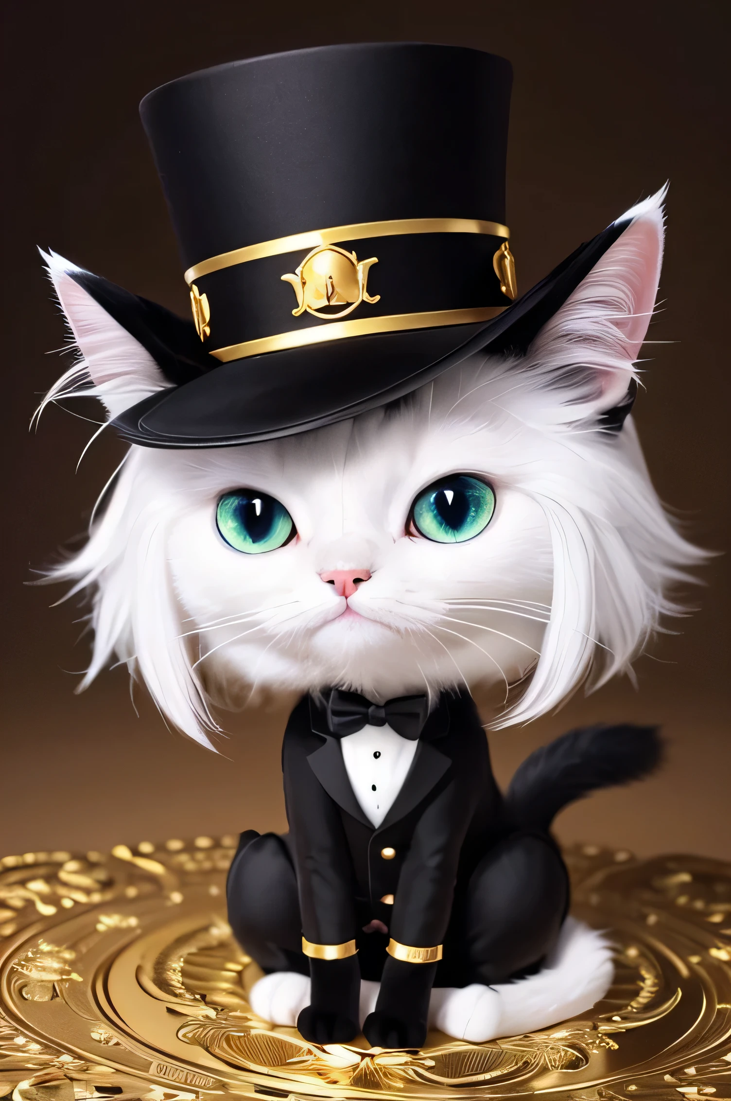 A black cat with odd eyes: the right eye is blue, and the left eye is gold. The cat is wearing a top hat and is depicted in a chibi style. It has a glaring expression, but its face is expressionless. The cat is cute, with a pink nose.