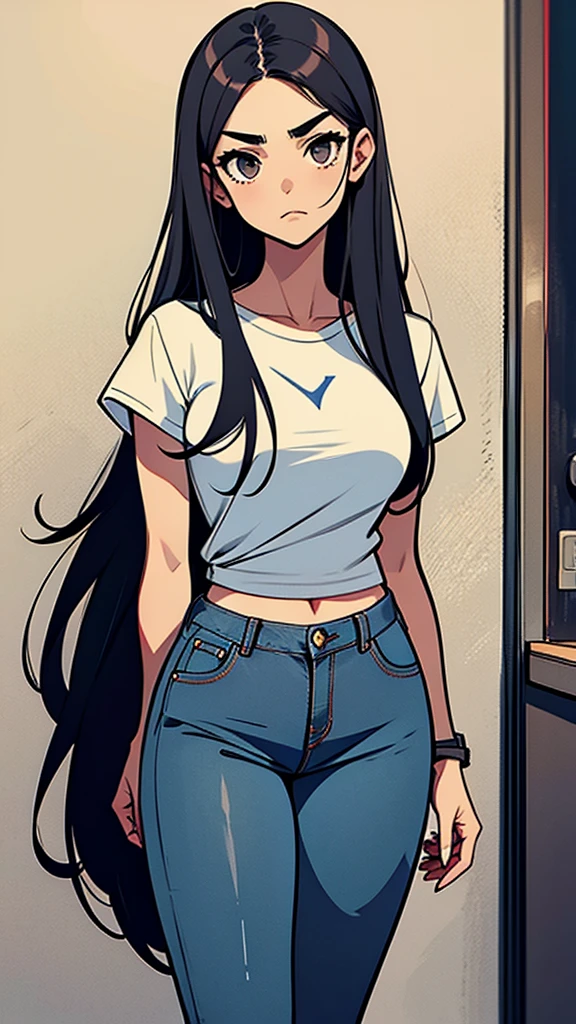 Andrea was taller, only her character was more closed and serious, jeans and a white t-shirt. Black long hair. Comic style