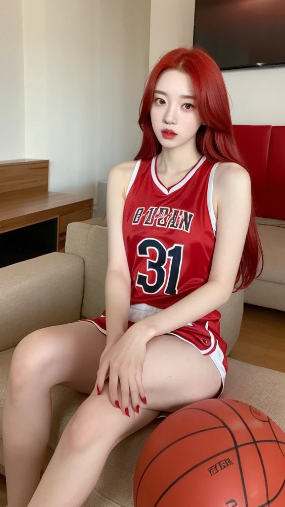 A young Korean woman with red dyed hair, pale skin, thin body. She is wearing a red basketball jersey. She is looking at the viewer, and her easy expression is sensual. Full body. The setting is a living room and she is relaxing sitting on the sofa. Masterpiece, high quality. 