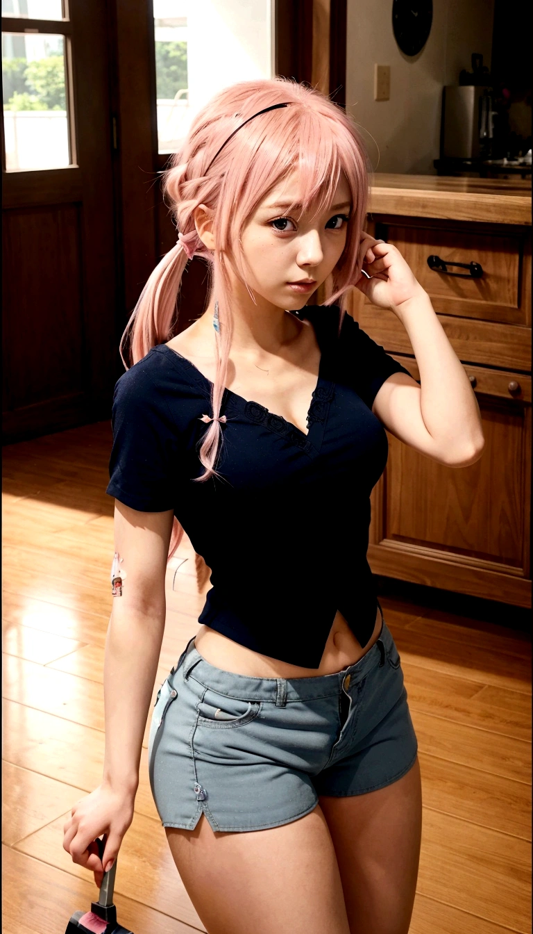 anime girl with pink hair and blue shorts holding a knife, seductive anime girl, anime visual of a cute girl, attractive anime girl, marin kitagawa fanart, young anime girl, an anime girl, fine details. girls frontline, female anime character, female protagonist 👀 :8, anime girl, gasai yuno from mirai nikki, casual pose, from girls frontline
