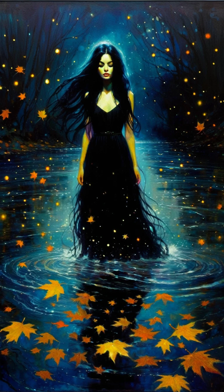 -girl, long black dress with straps, long black hair, eyes closed on the river, murky water, falling leaves, dark tone,magic, fantastic, night sky, stars, background, (art inspired by Bill Sienkiewicz). oil painting)