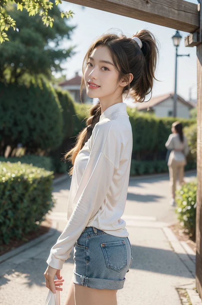 (((best quality))),(((ultra detailed))),(((masterpiece))),illustration,((1 beautiful girl,solo)),((slim,thin)),((small breasts,flat chest)), outside school gate, summer twilight, sunlight,(short ponytail:1.3),(claviclies,cleavage),((white long-sleeved shirt)),denim shorts,slender legs,plain white socks, comfortable flip-flops, animated face, excited eyes, sounds of laughter, chatter, excitement of summer vacation, air filled with energy, school gate golden glow, symbol of end of academic year, schoolyard transformed, reunion, farewells, embracing setting sun, face illuminated, moment captured, fleeting instant, essence of summer, carefree spirit, youthful exuberance, embodiment of season, sun dips, rosy glow, joy of living,promise of adventures,((standing,from front,upper body)),(surrounded by crowded crowds:1.3)