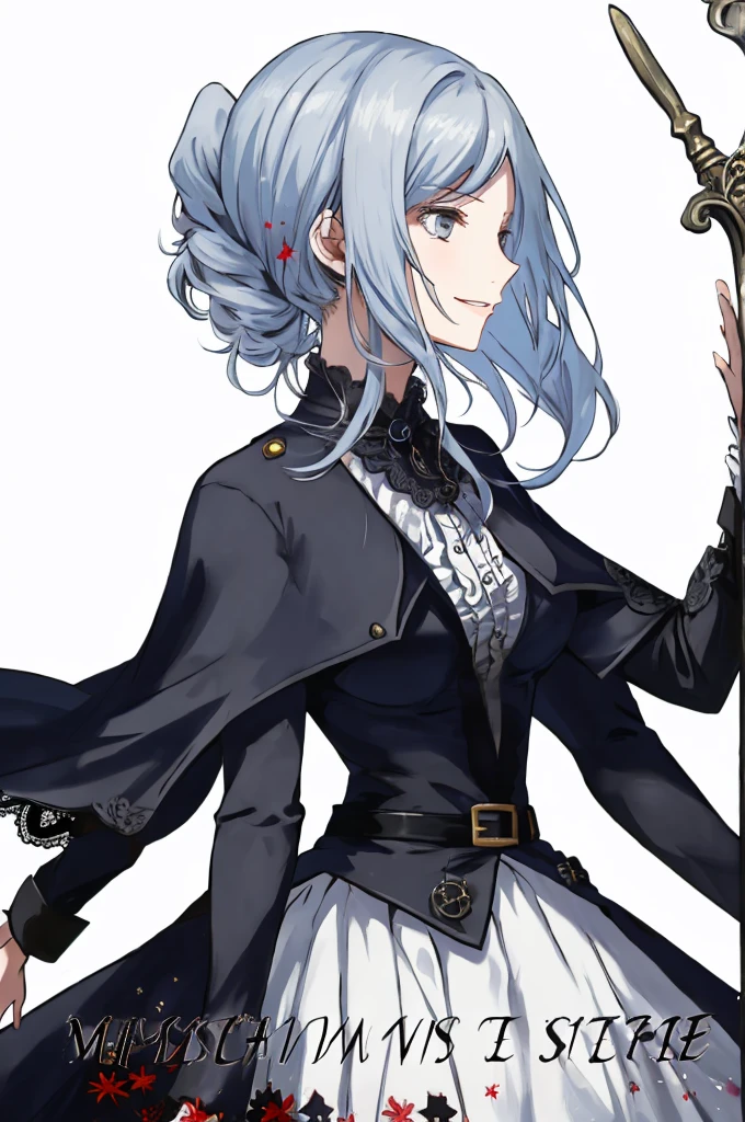  ((best quality)), ((masterpiece)), (detailed), 1girl, Character design, female, dynamic poses, long blue hair, grey white eyes, very skinny, detailed, best quality, no accesoires around the neck, prominent collarbones, skinny arms, upper body, blank white background, plain background, white background, ((red and white clothing)), Bloodborne inspired, occult aesthetic, occult, detailed and intricate steampunk and detailed gothic, Very dramatic and cinematic lighting, cosmic horror, grim-dark, side-lighting, perfect face,  Fluttering lace flared long knee length dress with frilly petticoats, knee length dress, pleated petticoats, petticoats gothic, complex lace boots, side-lighting, gothic aesthetic, wielding a mighty sword with mechanical components, mandalas, small breasts, a fairy, various different types of insect wings,upper body, upper body, white holy clothes,white holy clothes,((evil smile)),blue hair,