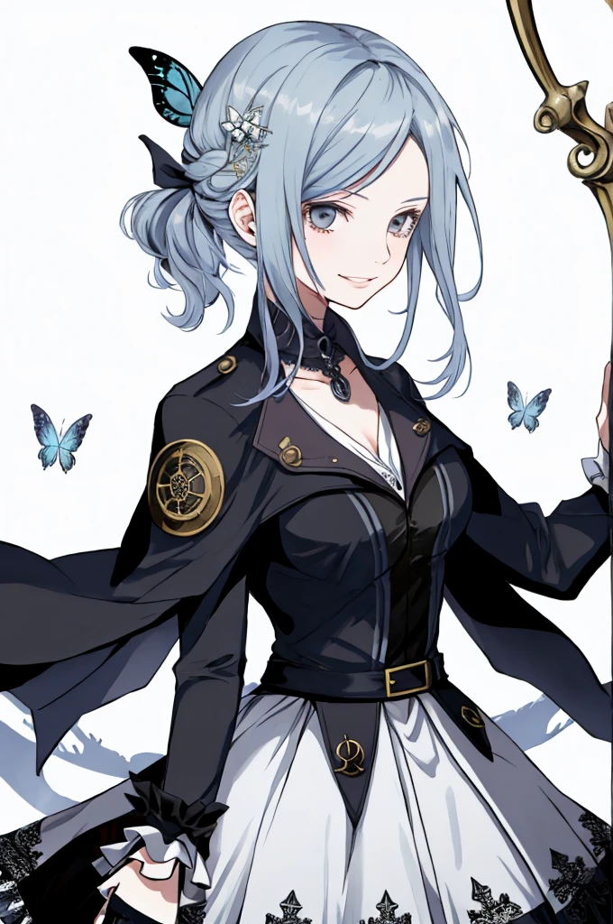 ((best quality)), ((masterpiece)), (detailed), 1girl, Character design, female, dynamic poses, long blue hair, grey white eyes, very skinny, detailed, best quality, no accesoires around the neck, prominent collarbones, skinny arms, upper body, blank white background, plain background, white background, ((red and white clothing)), Bloodborne inspired, occult aesthetic, occult, detailed and intricate steampunk and detailed gothic, Very dramatic and cinematic lighting, cosmic horror, grim-dark, side-lighting, perfect face, Fluttering lace flared long knee length dress with frilly petticoats, knee length dress, pleated petticoats, petticoats gothic, complex lace boots, side-lighting, gothic aesthetic, wielding a mighty sword with mechanical components, mandalas, small breasts, a fairy, various different types of insect wings,upper body, upper body, white holy clothes,white holy clothes,((evil smile)),blue hair,