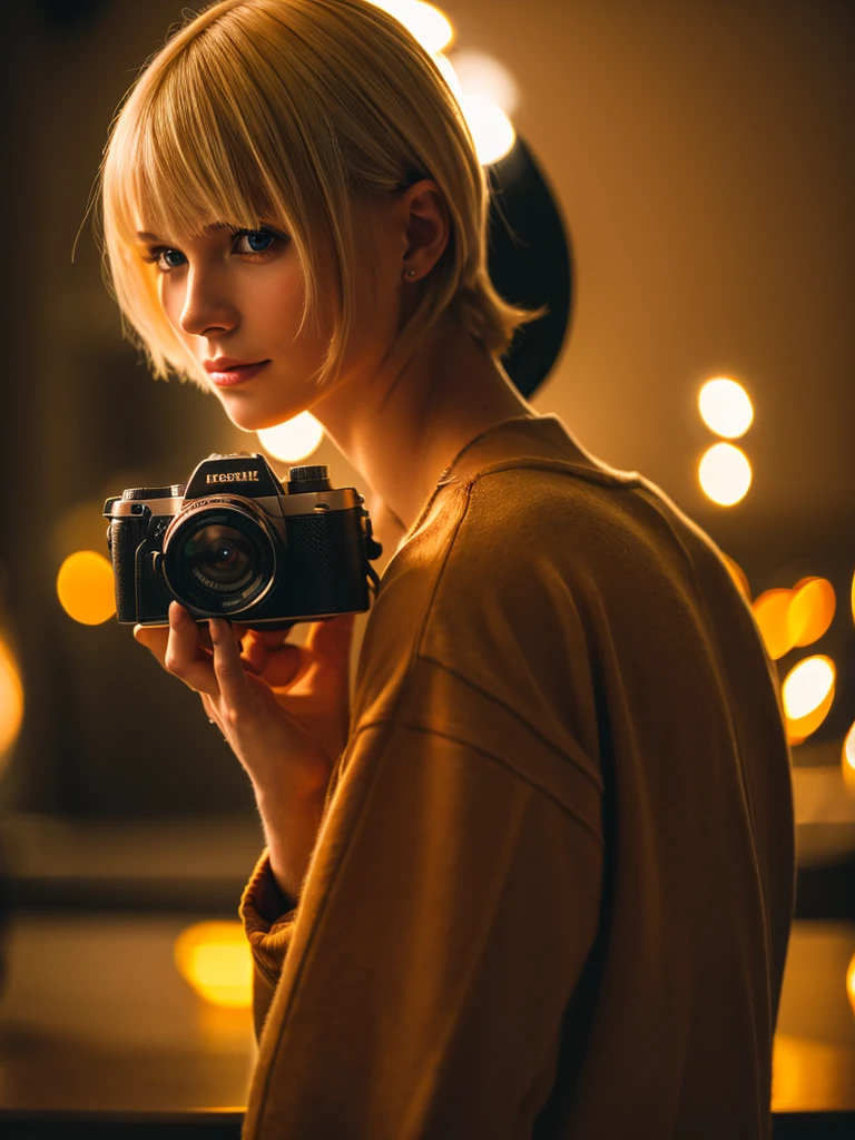 a man with blonde hair holding a camera,8k,high quality,highly detailed,realistic,photorealistic,beautiful woman with brown hair from behind,studio lighting,professional photography,warm color tones,cinematic lighting,depth of field,bokeh background