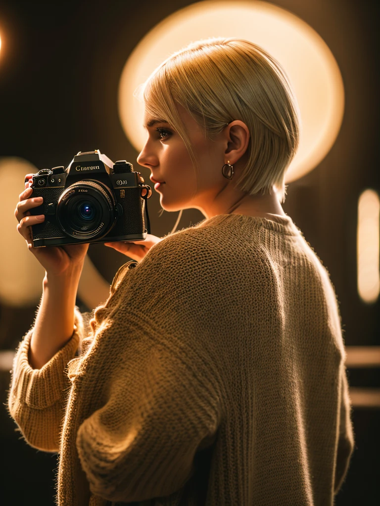 a man with blonde hair holding a camera,beautiful woman with brown hair from behind,8k,high quality,highly detailed,realistic,photorealistic,professional photography,studio lighting,cinematic lighting,warm color tones,depth of field,bokeh background