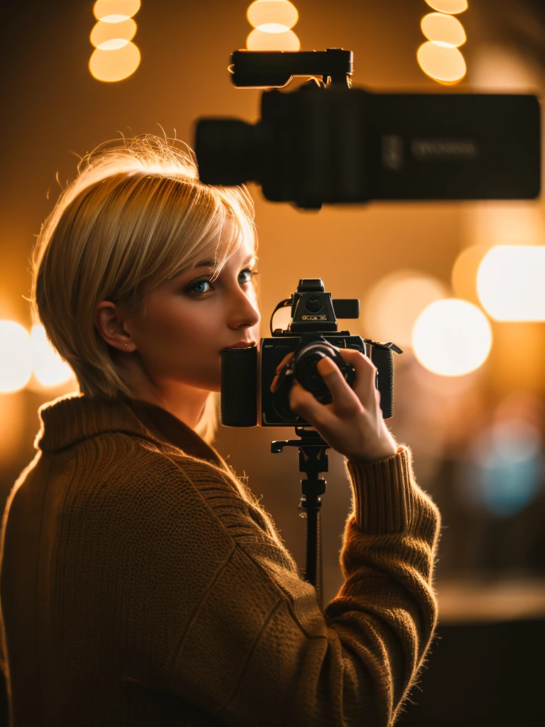 a man with blonde hair holding a camera,beautiful woman with brown hair from behind,8k,high quality,highly detailed,realistic,photorealistic,professional photography,studio lighting,cinematic lighting,warm color tones,depth of field,bokeh background