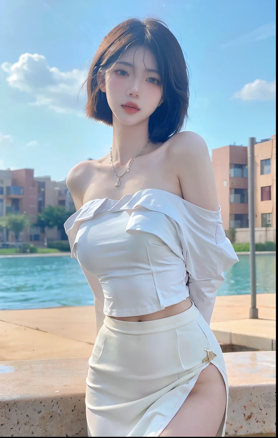 Beautiful woman with perfect figure:1.4，Swimming background，Desert Background，Ultra-high resolution，Seductive laughter，wear glasses，White legs，（lifelike：1.4），Layered Hairstyle，White skin，Black mini pleated skirt，whole body，Very delicate face and skin texture，Double eyelids，Skin Whitening，Long hair，White hair，White，