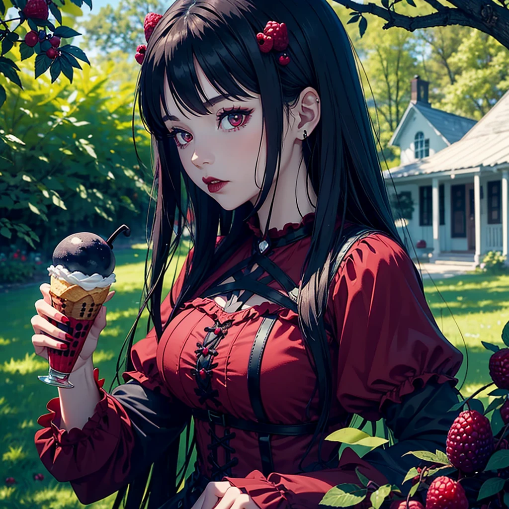 A gothic girl eating a (gothic ice cream in dark red and black, decorated with blueberries and raspberries), under a tree, contrasting sunny day, outdoors.