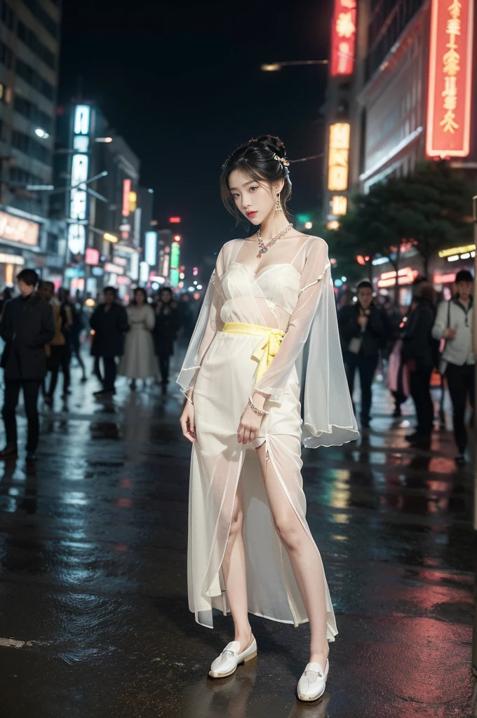 (((best quality))),(((ultra detailed))),(((masterpiece))),illustration,((1 beautiful girl,solo,korean princess)),((see through gorgeous sheer hanbok)),((slim,thin,small breasts,flat chest)),bun hair,((city streets,night scene)),delicate features,(traditional jewelry,earrings,necklace),modernity,tranquility,vision of beauty,((standing,full body,from front,slender legs,loafers)),((The background is a tall building filled with neon billboards)),(surrounded by crowded crowds:1.3),(arms behind back:1.3)