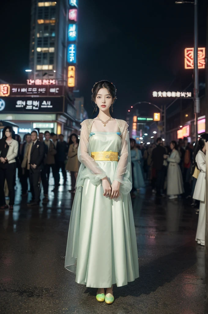 (((best quality))),(((ultra detailed))),(((masterpiece))),illustration,((1 beautiful girl,solo,korean princess)),((see through gorgeous sheer hanbok)),((slim,thin,small breasts,flat chest)),bun hair,((city streets,night scene)),delicate features,(traditional jewelry,earrings,necklace),modernity,tranquility,vision of beauty,((standing,full body,from front,slender legs,loafers)),((The background is a tall building filled with neon billboards)),(surrounded by crowded crowds:1.3),(arms behind back:1.3)