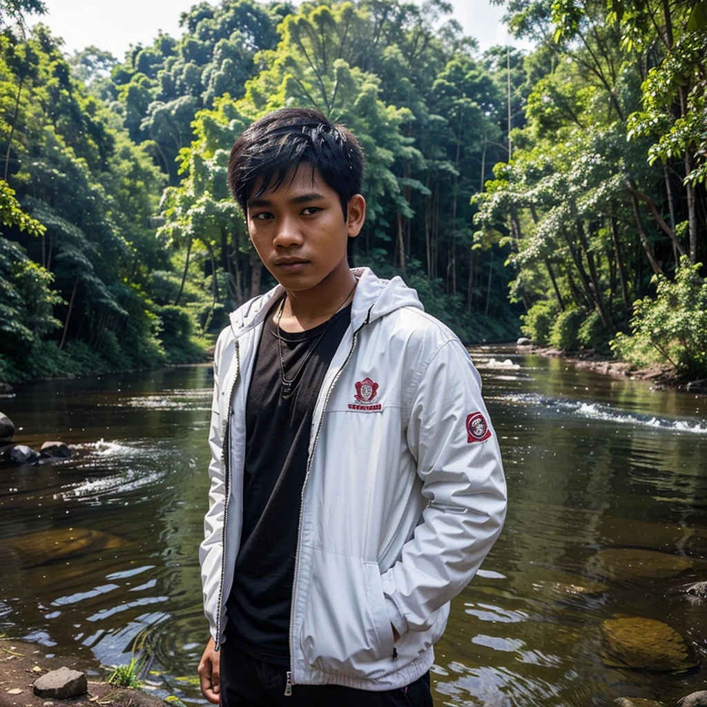 Indonesian age boys. Age around 22 years. There is only one person in the photo. wearing a white jacket. The whole body is depicted facing forward. The background is a river in the forest.