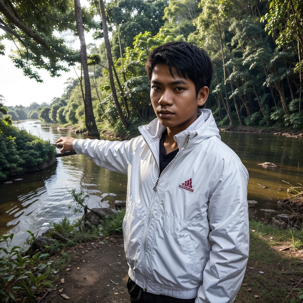 Indonesian teenage boys. Age around 22 years. There is only one person in the photo. wearing a white jacket. The whole body is depicted facing forward. The background is a river in the forest.