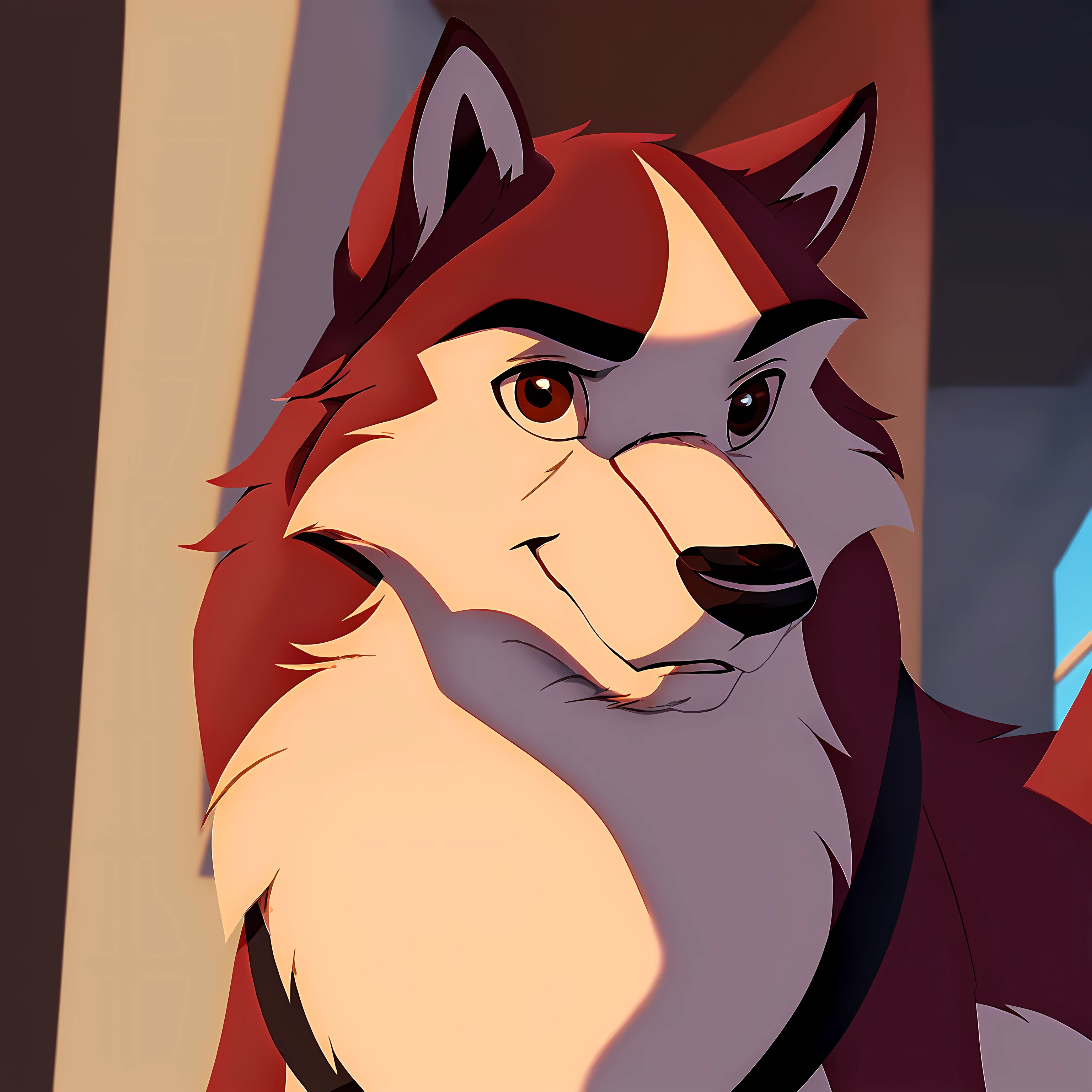 kodi, kodiak (balto), close-up, feral, detailed, detailed face, detailed eyes, black lineart, black outline, male, masculine, adult, wolf, wolf body, brown eyes, glistening eyes, cartoon shading, cel shaded:1.0, black dog collar, confident, proud, front view,