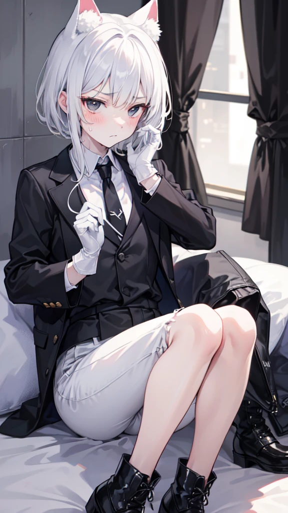 A 18-year-old boy, white and tender skin, cute, wearing white long-sleeved shirt, black jacket and black work tie, black trousers, black booties, white gloves, collar, white hair,wear cat ears, black eyes, thin waist, thin legs, handsome, disdainful and indifferent expression, shy, blush a lot, afraid, sweating, tired, pornography, Pornographic action