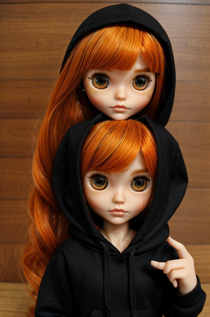 blythe doll with orange hair with black highlights and side bangs, also green eyes with brown in the middle and dressed in a black hoodie