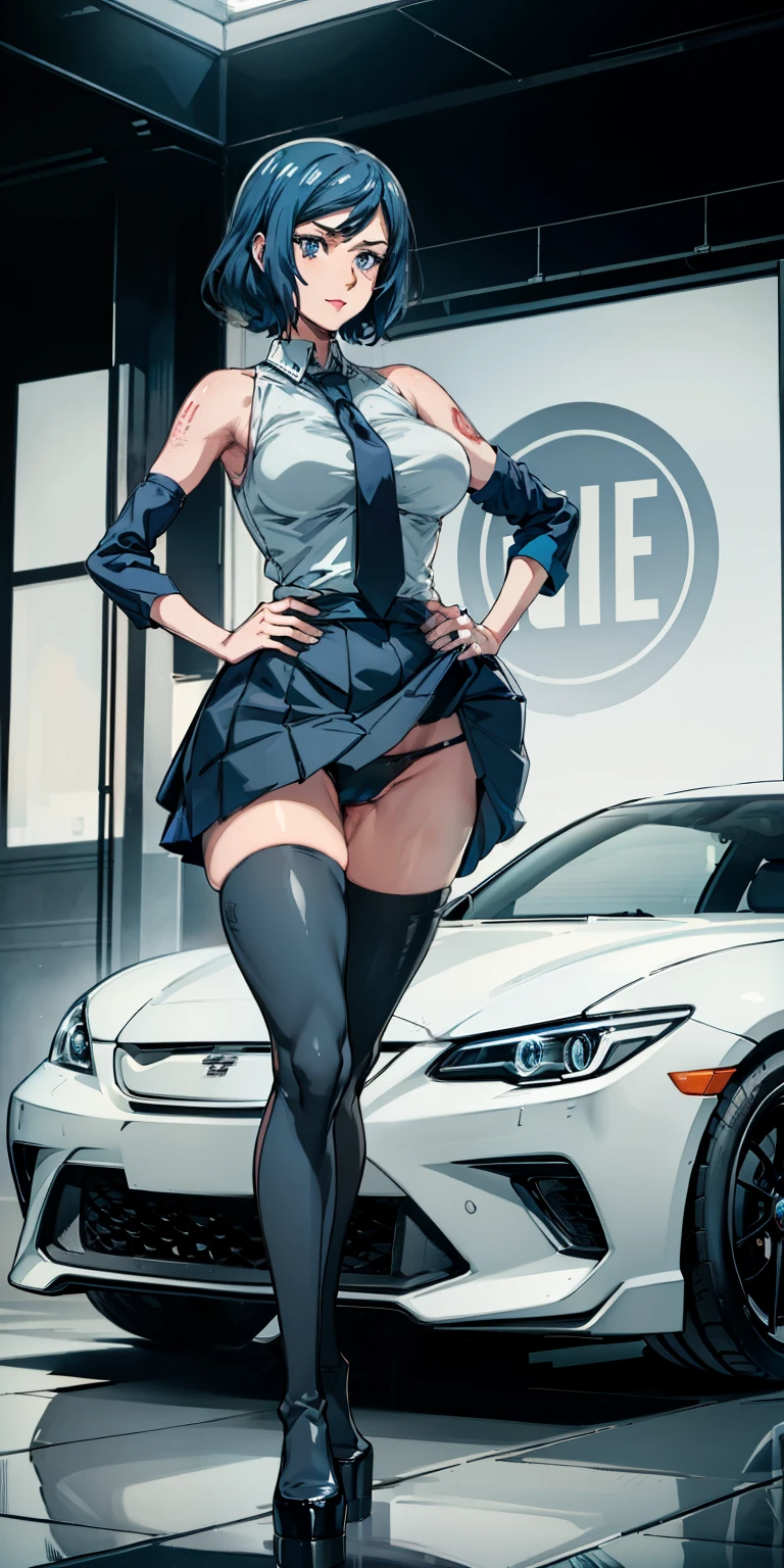 (Masterpiece,), Best Quality, ultra-detailed, perfect hands, perfect legs, Delicate eye expression, delicate face expression., 1girl (rinko_iori, Slender and sexy body, huge breasts, wide hips, naked body, dark blue hair, long hair, blue eyes ),closed mouth(wicked smile), a come-hither look, red lipstick, solo, sleeveless shirt, grey shirt, detached sleeves, necktie, arm tattoo, skirt,skirt lift, thighhighs, thigh boots,,full body, at a car racetrack , standing,Sexy waist teasing, a provocative pose , Skirt lift