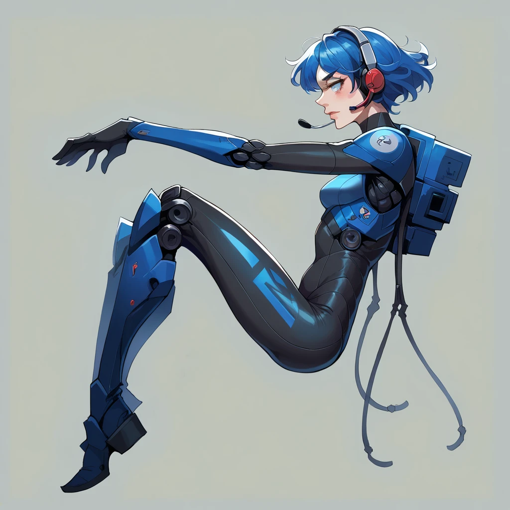 (masterpiece, highest quality, highest resolution, distinct_image, detailed details): (Solo, lone girl, Japan face, blue-haired girl, short hair, full body figure, small size breasts, sparkling blue colored eyes, pilot suit in metallic tone white and blue, black color, tight fit clothes, clothes covering the whole body, beauty, slim body, exoskeleton, knee boots, heroine, supine, Thighs open from side to side, arm-length gloves, headset)