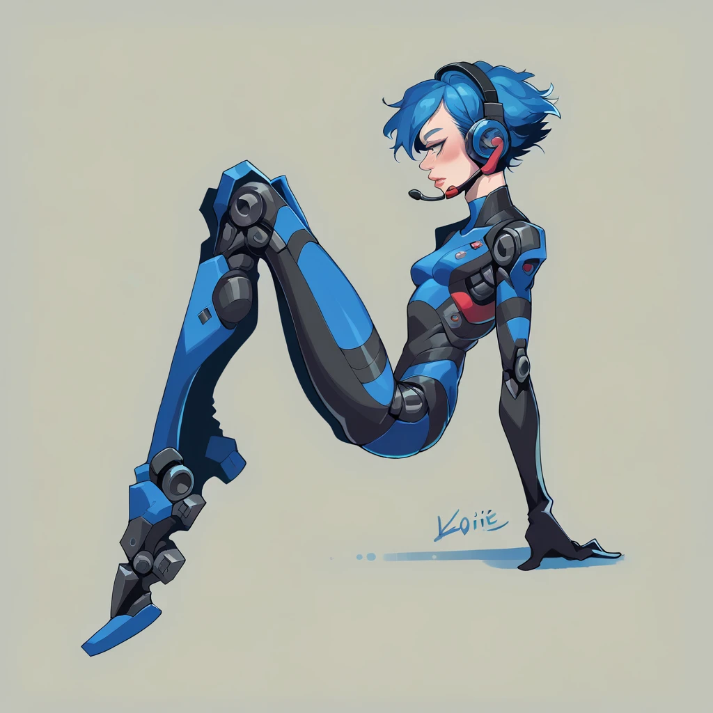 (masterpiece, highest quality, highest resolution, distinct_image, detailed details): (Solo, lone girl, Japan face, blue-haired girl, short hair, full body figure, small size breasts, sparkling blue colored eyes, pilot suit in metallic tone white and blue, black color, tight fit clothes, clothes covering the whole body, beauty, slim body, exoskeleton, knee boots, heroine, supine, Thighs open from side to side, arm-length gloves, headset)