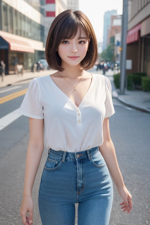 Innocent thin Japanese beautiful girl,High Teenager,detailed bodyline,thin beauty,lean body,Small,Smaller chest,big breasts thin waist,Full body shot,fully body photo,Shot straight ahead,Looking at the camera,Standing,Rest your feet,Thick thighs,Thick calf,white sandals on feet,Bob cut hair,a little brown hair,elongated facial contour,a little bit smile,Looking at the camera,skinny cheeks,Round chin,Slender eyes,Beautiful eyes,Dark blue eyes,White blouses,See-through blouse,large polka dot short sleeve blouse,fluttering red miniskirt,Blue Wall
