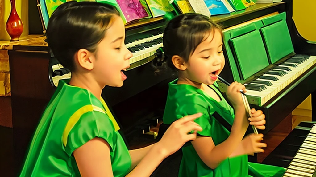 Create a impasto image of a beautiful young girl vibrant green gown sitting at a piano singing mouth opened wide, with their fingers on the keys as if playing. front a music note book Next to the individual, place a cat with its mouth open wide as if singing or meowing along to the music. The setting should have an impressionistic style with visible brush strokes,