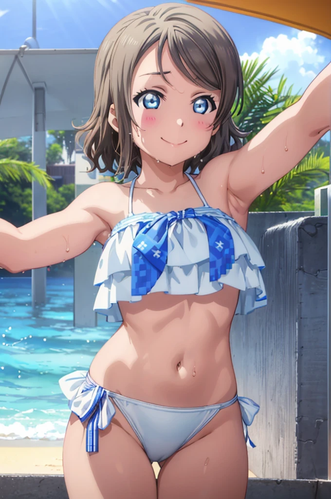 (((pixel-perfect, detail-perfect))), solo, 1girl, you watanabe, eyes azzur, smile, bikini, wet body, summer beach, armpit, big filesize, ultra High Qality