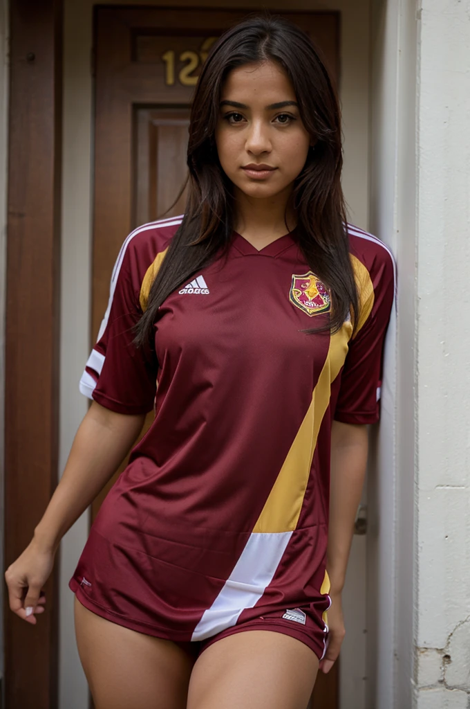 chica sexy, dressed in soccer style with the vinotinto shirt