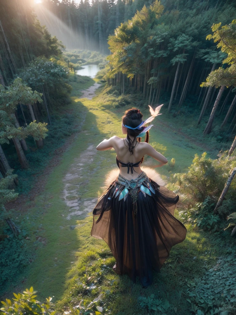 An intriguing bird-eye view of a female elf warrior, her back to the camera, revealing the intricate detailing of her costume against the magical forest setting. The photograph carries the soft twilight luminescence. (bird-eye view: 1.5), (back pose: 1.4), (mysterious forest: 1.5), (twilight luminescence: 1.3), (erotic adventure: 1.4), (fantasy world: 1.5).