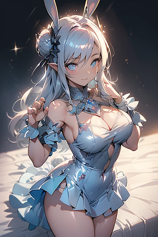 anime woman in a garden, it is night time, evening, long white hair, brown eyes, she is a princess, her dress is a pale blue and has lace, silver tiara, cleavage, medium size breasts, in love, mature, pretty, masterpiece, detailed, sex, sexy, exposed breasts, breasts are exposed, no bra, nipples